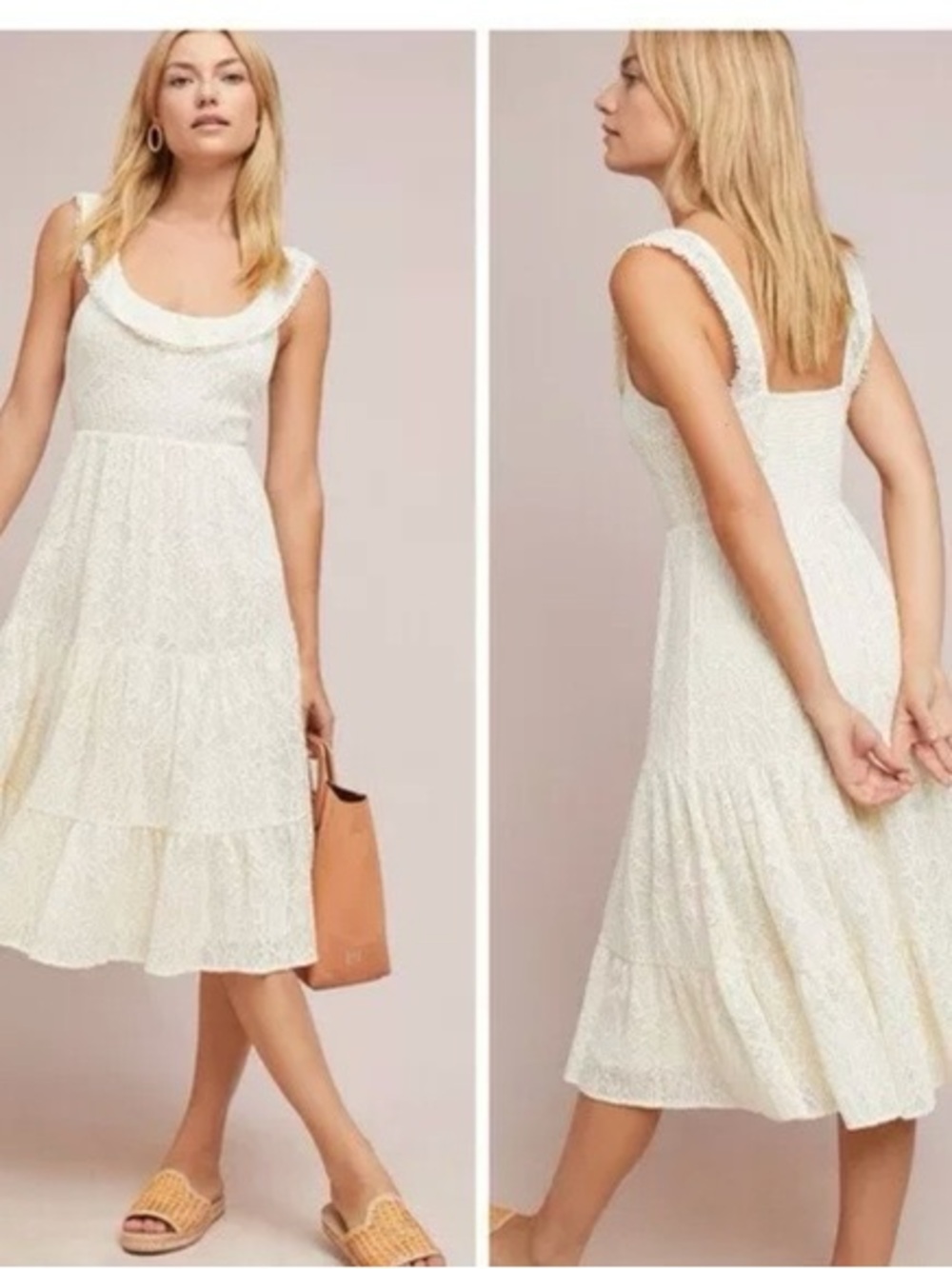 Maeve by Anthropologie Cream Tiered Lace Midi Dress